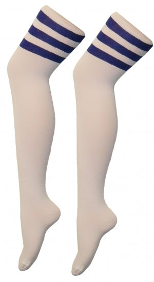 Womens 3 Stripes OTK White With Blue Cotton Thigh High Socks