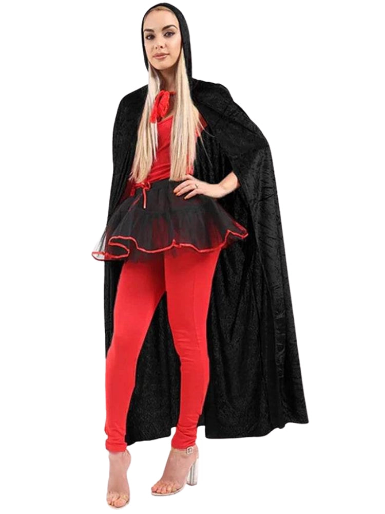 Womens Black Velvet Hooded Cape 65 Inches