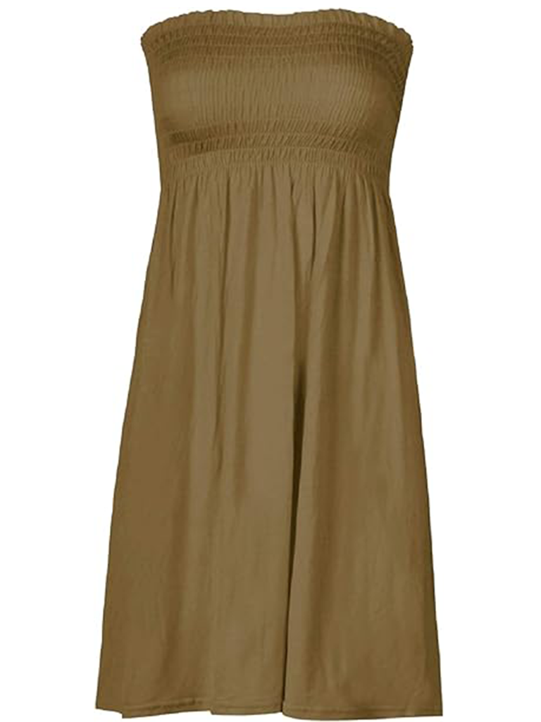 Womens Strapless Khaki Sheering Boobtube Plain Casual Dress