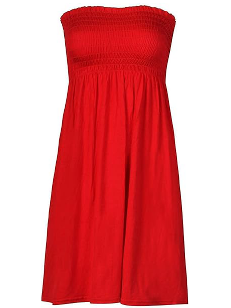 Womens Strapless Red Sheering Boobtube Plain Casual Dress