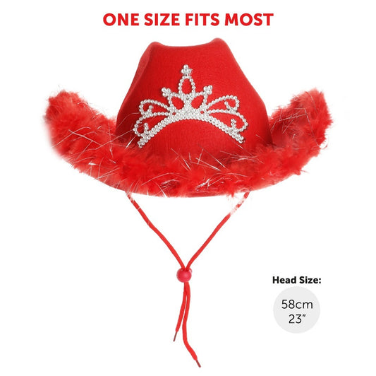 Ladies Tiara Cowgirl Hat with with Fluff Trim Marabou Trim red