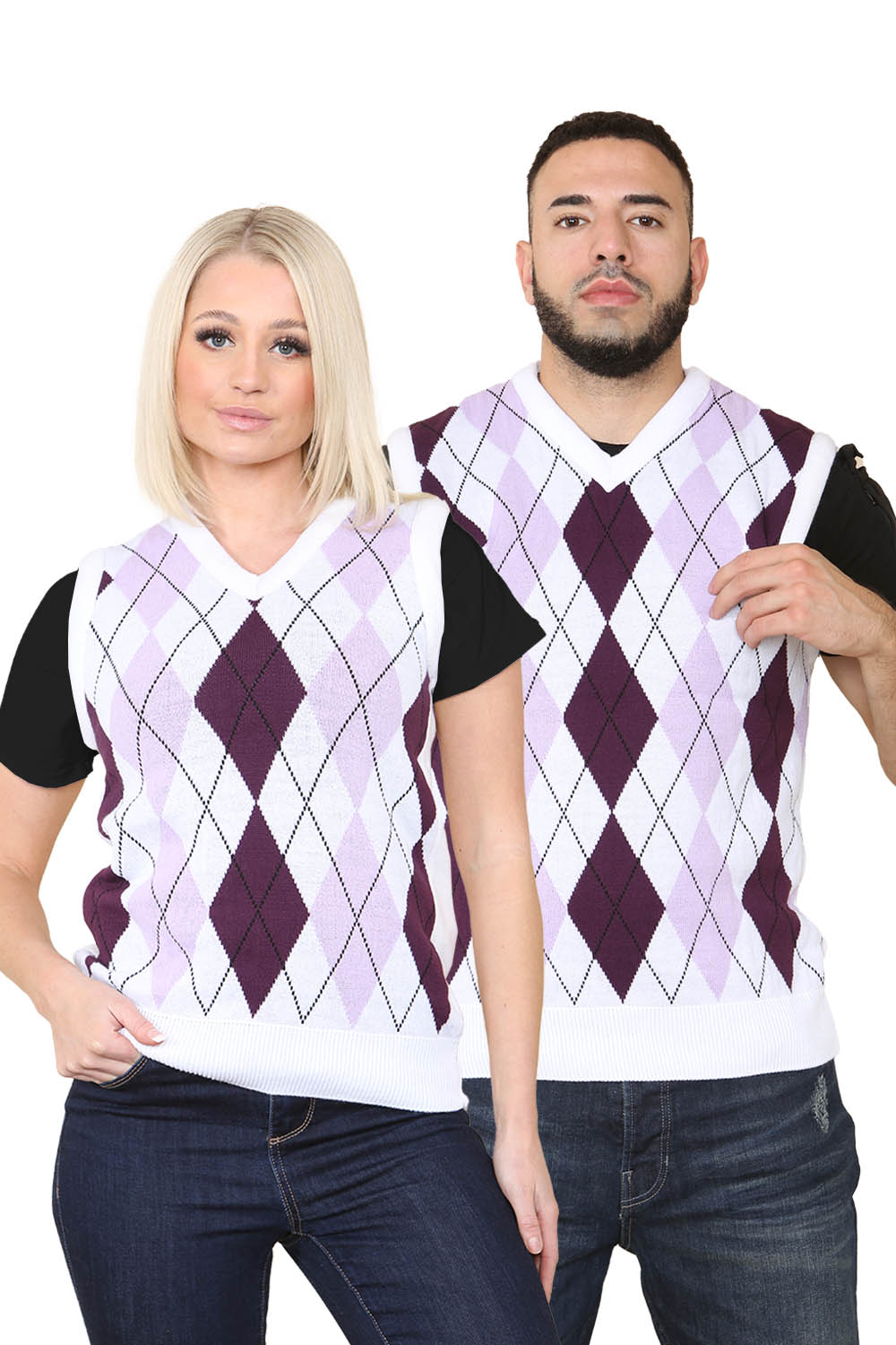 Unisex Knitted V Neck Sleeveless Argyle Jumper Vest