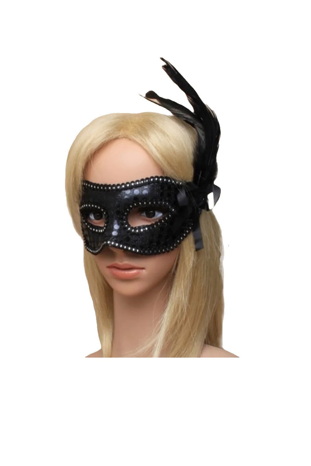 Women's Black Sequin and Feather Mask