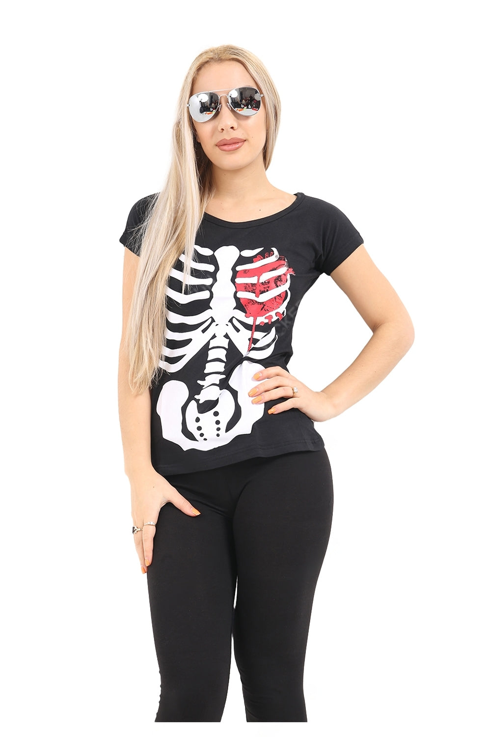 Black Skeleton W Bloody Heart Printed T-Shirt
