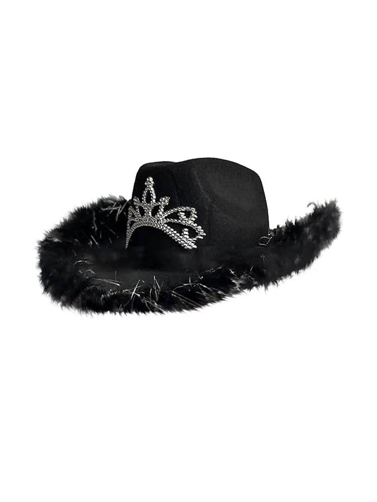Black Cowboy Hat with Fluff Trim - thefancydress.co.uk