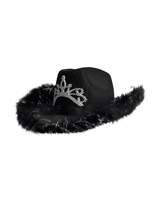 Black Cowboy Hat with Fluff Trim - thefancydress.co.uk