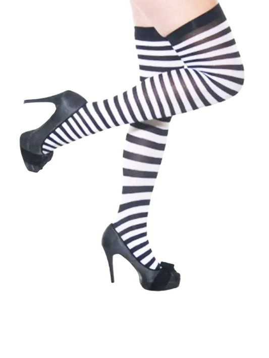 Women Long Striped Thigh High Socks Over Knee Stockings white and black