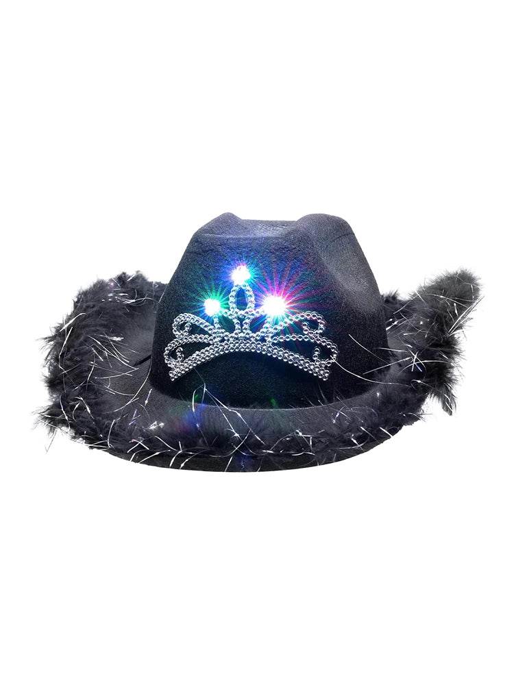 Adult Light Up Tiara Black Cowboy Hat with Fluffy Trim - thefancydress.co.uk