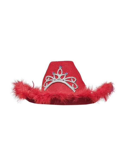 Red Cowboy Hat with Fluff Trim - thefancydress.co.uk