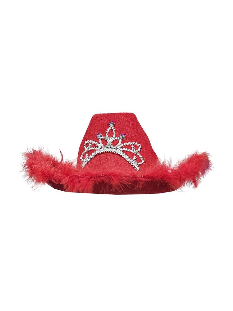 Red Cowboy Hat with Fluff Trim - thefancydress.co.uk