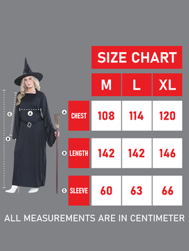 Ladies 2-Piece Black Witch Costume With Hat size chat
