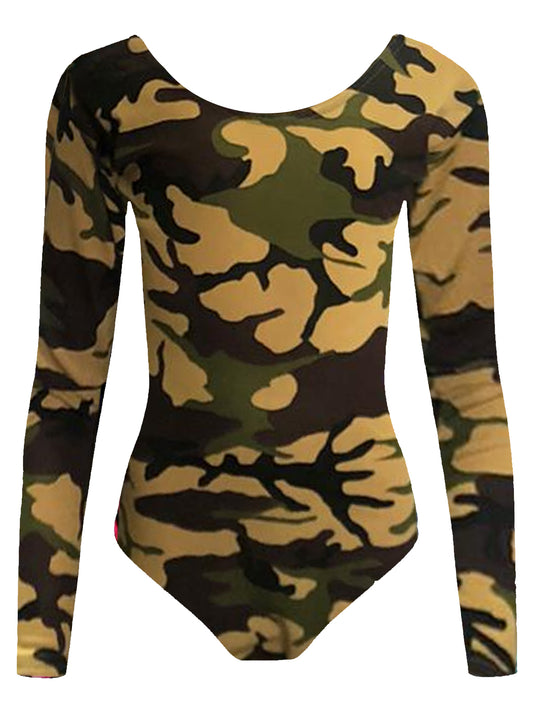 Girls Leopard Army Print Long Sleeve Gym Leotard Top camouflage printed