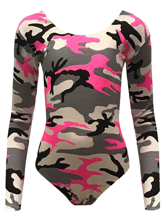 Girls Leopard Army Print Long Sleeve Gym Leotard Top camouflage printed