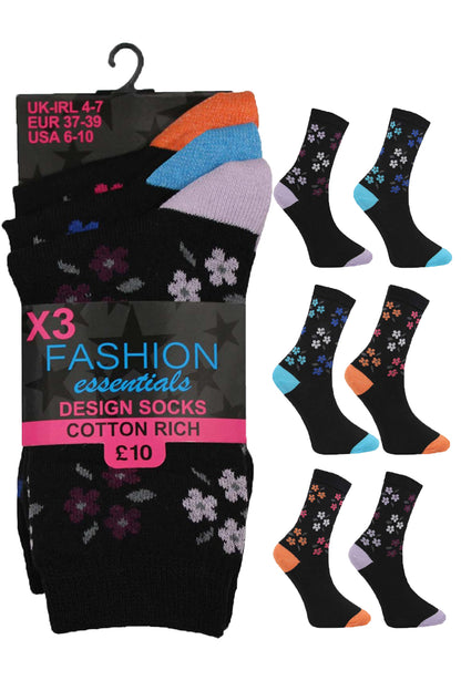 Women's Cotton Socks Assorted Coloured & Design (Pack of 3)