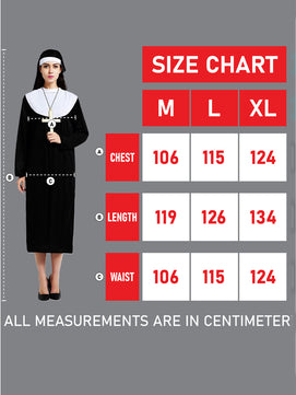 Womens Nun Costume Dress With Headpiece size chart