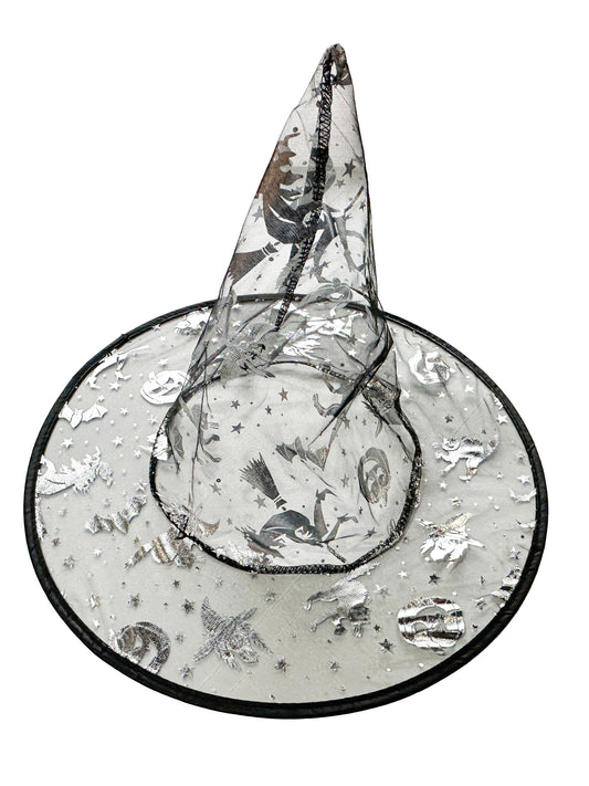 Unisex Black Witch Hat with Silver & Golden Halloween Prints silver