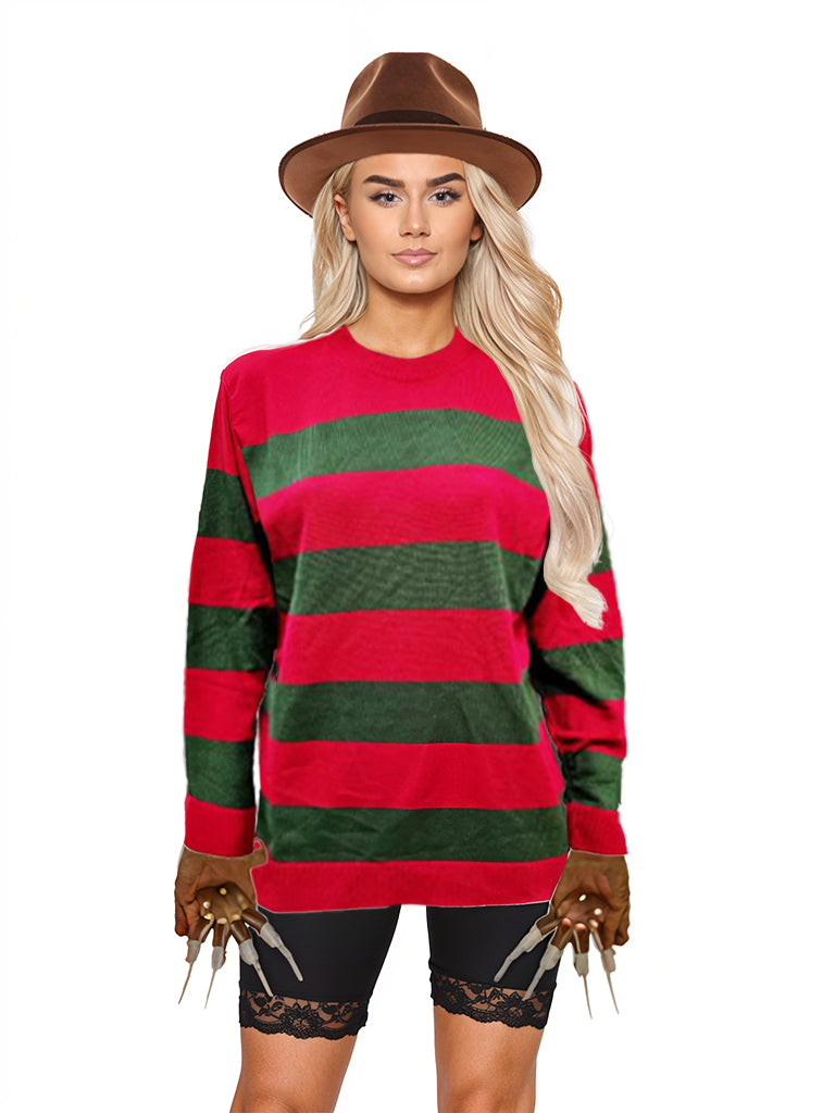 3-Piece Women's Red and Green Knitted Set: Jumper, Hat, and Claw Gloves