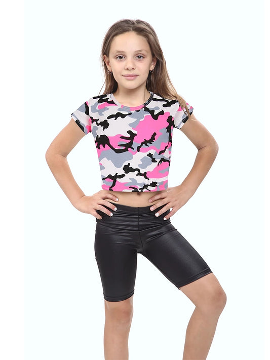 Girls Camouflage Crop Top Short Sleeves pink