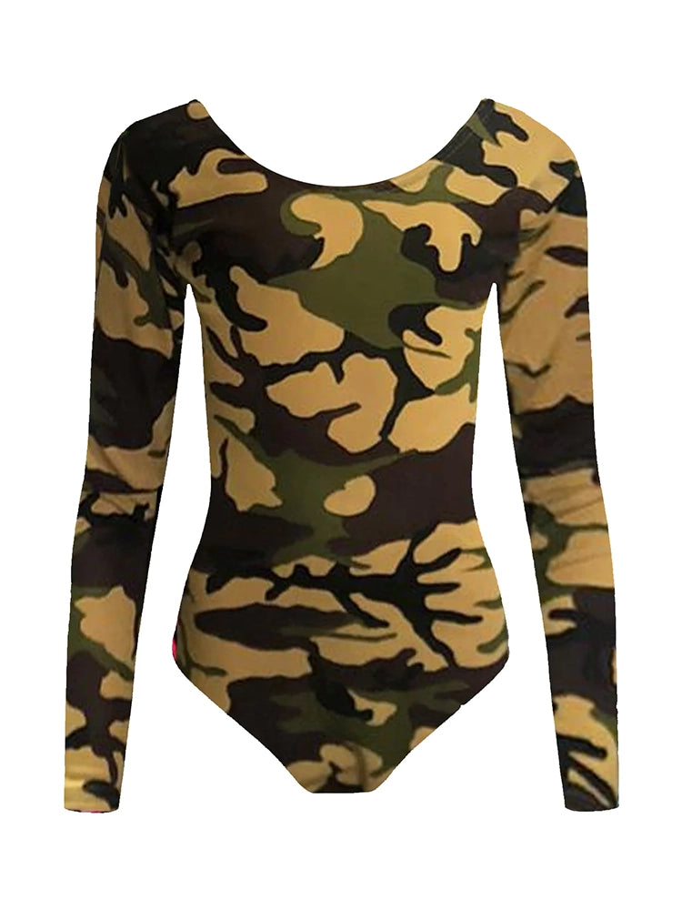 Girls Leopard Army Print Long Sleeve Gym Leotard Top camouflage