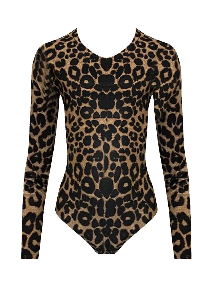 Girls Leopard Army Print Long Sleeve Gym Leotard Top leopard