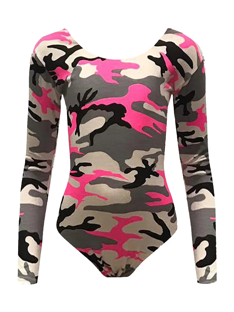 Girls Leopard Army Print Long Sleeve Gym Leotard Top pink