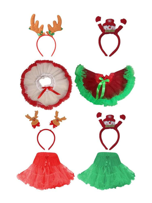 Wicked Fun girls Christmas dress set featuring colorful tutus and festive accessories like antlers and headbands