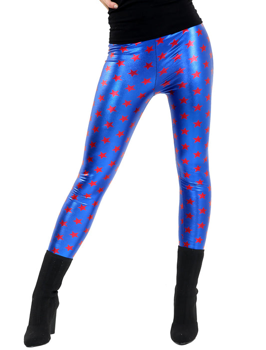 Girls Shiny Metallic Printed Leggings  red star