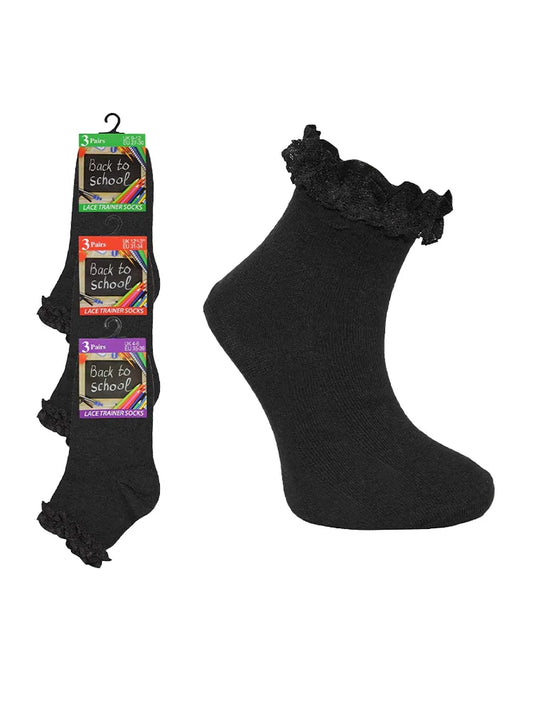 Girls Ankle Frill Socks Pack of 3 black
