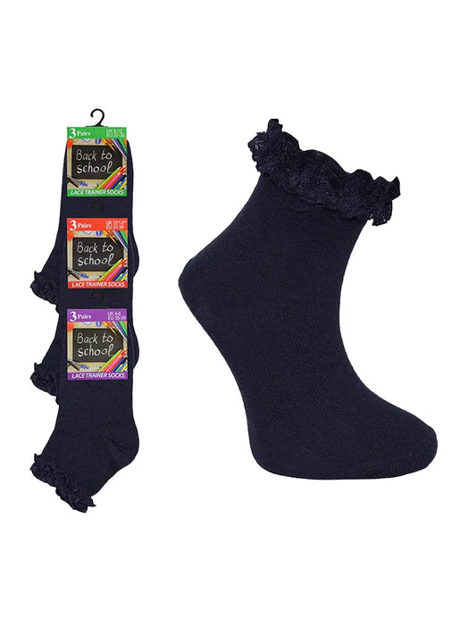 Girls Ankle Frill Socks Pack of 3 navy