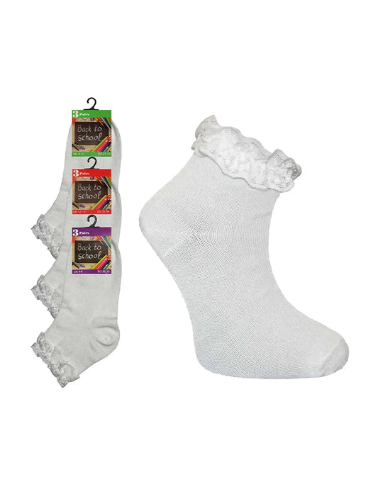 Girls Ankle Frill Socks Pack of 3 white