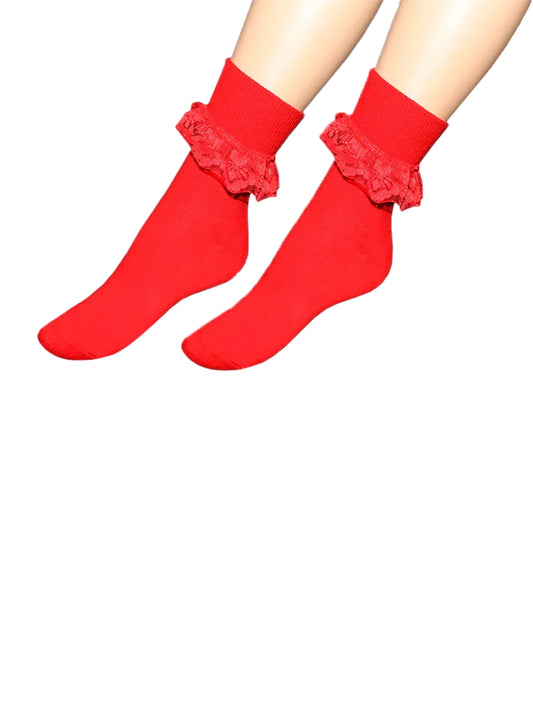 Girls Stylish Lace Trainer Socks red