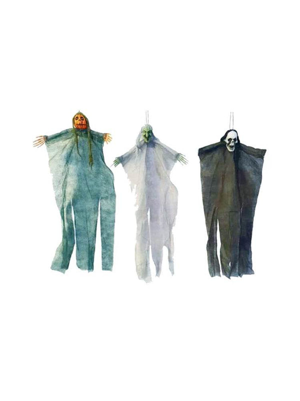 Wicked Fun Halloween hanging decorations featuring three spooky ghostly figures in various colors
