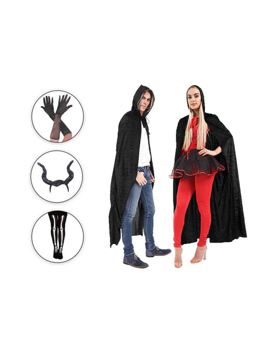 Wicked Fun Halloween witch costume set featuring a black hooded cape, gloves, and accessories for festive celebrations