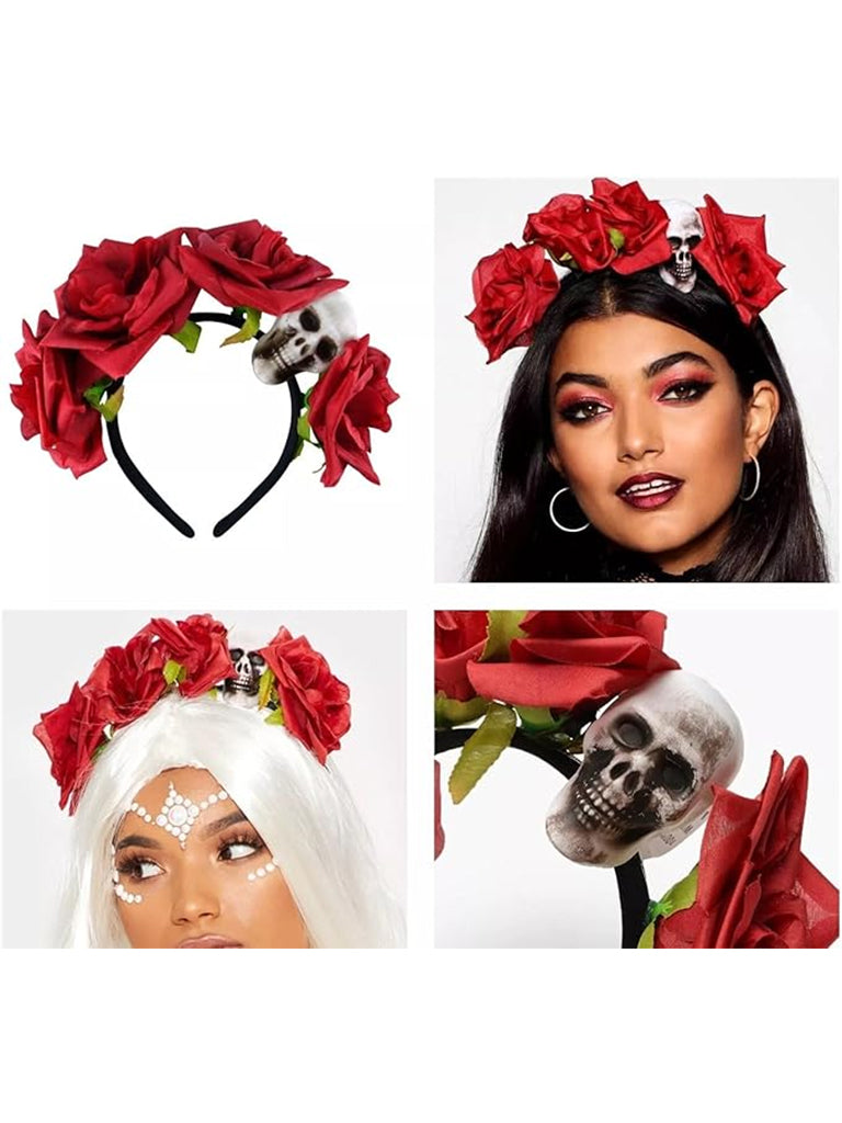 Red Flower Headband With Skull-2