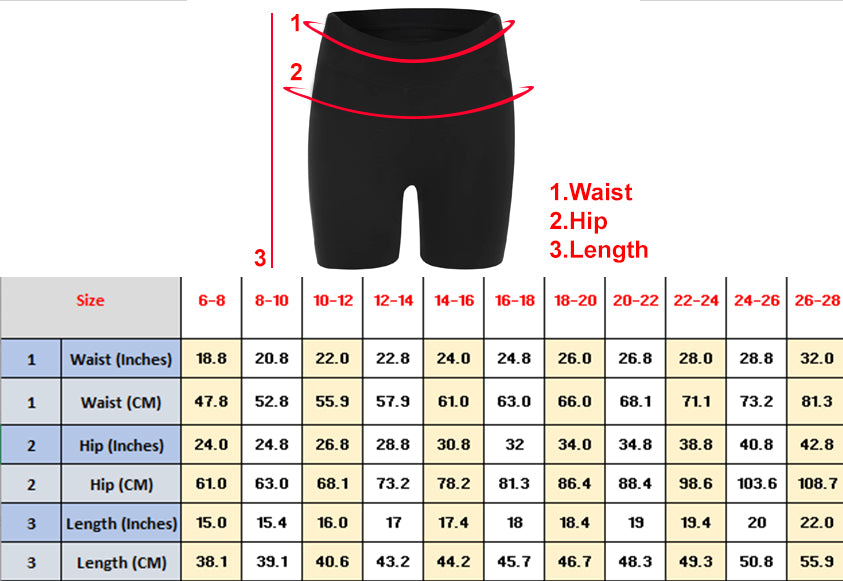 Ladies Over Knee Cotton Cycling Shorts size chart