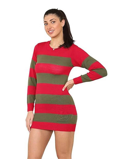 Women's Red and Green Stripe Knitted Long Dress Jumper - thefancydress.co.uk