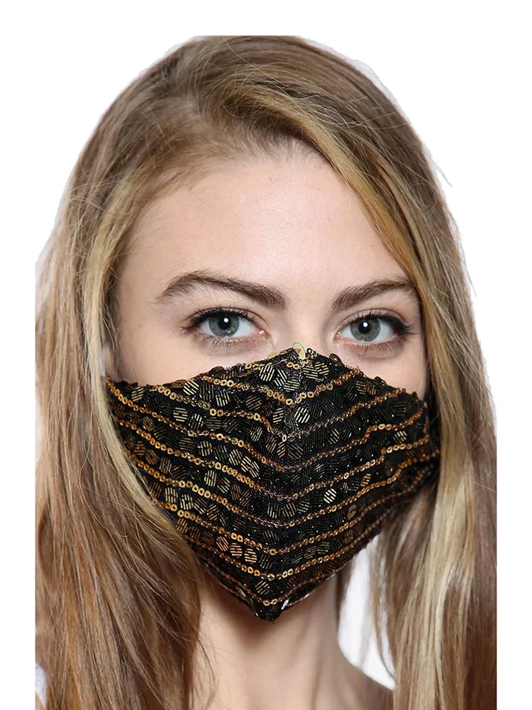 Ladies Sequin Face Covering With Filter Pocket gold