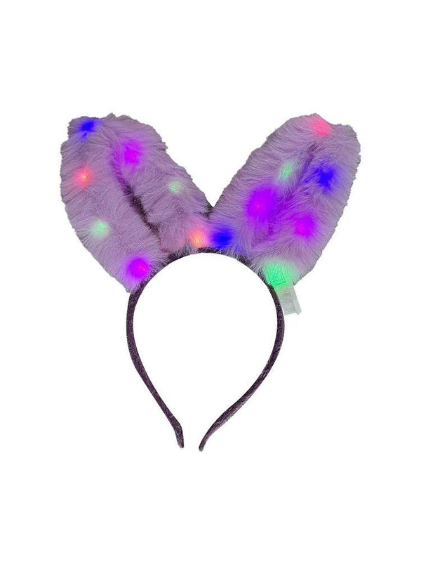 Women Girls LED Glowing Flashing Fur Light Up Bunny Ears Headband - thefancydress.co.uk