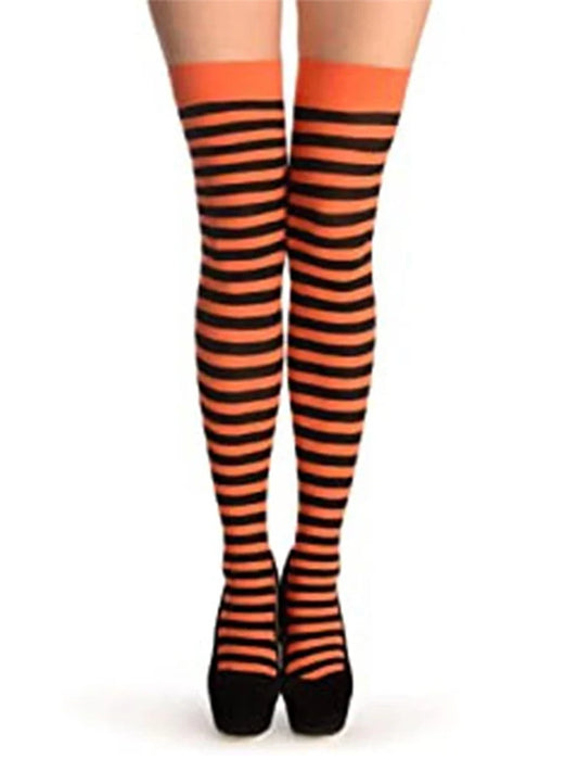 Women Long Striped Thigh High Socks Over Knee Stockings orange and black