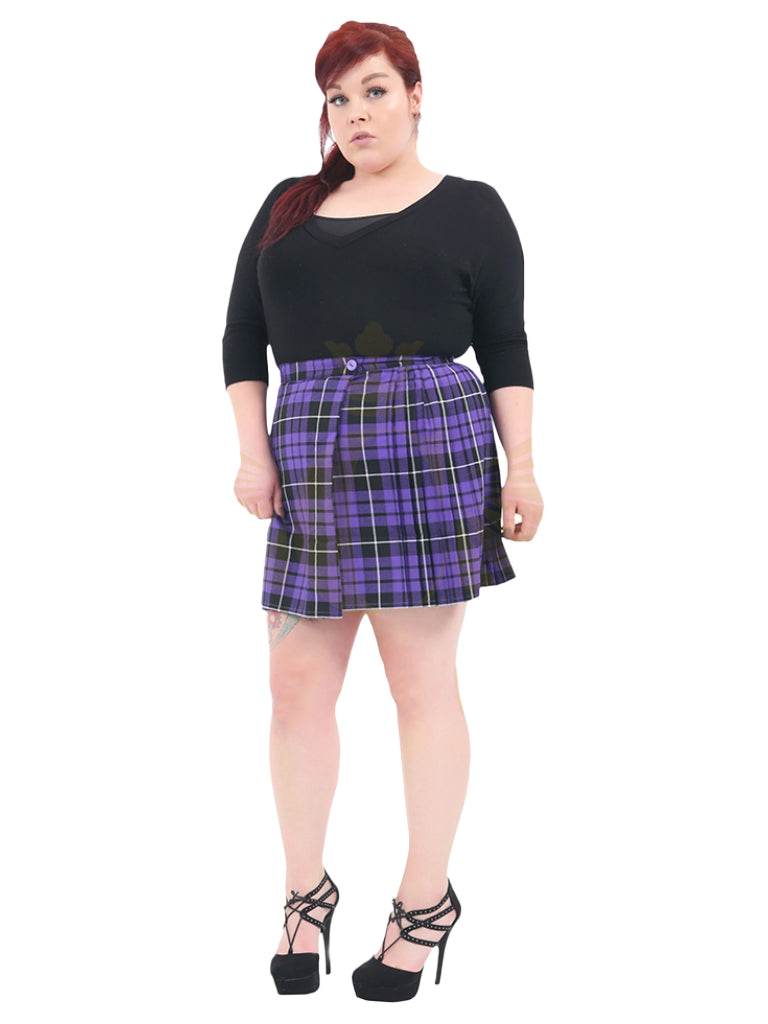 Plus Size Tartan Pleated Wrap Over Buttoned Kilt Skirt - thefancydress.co.uk
