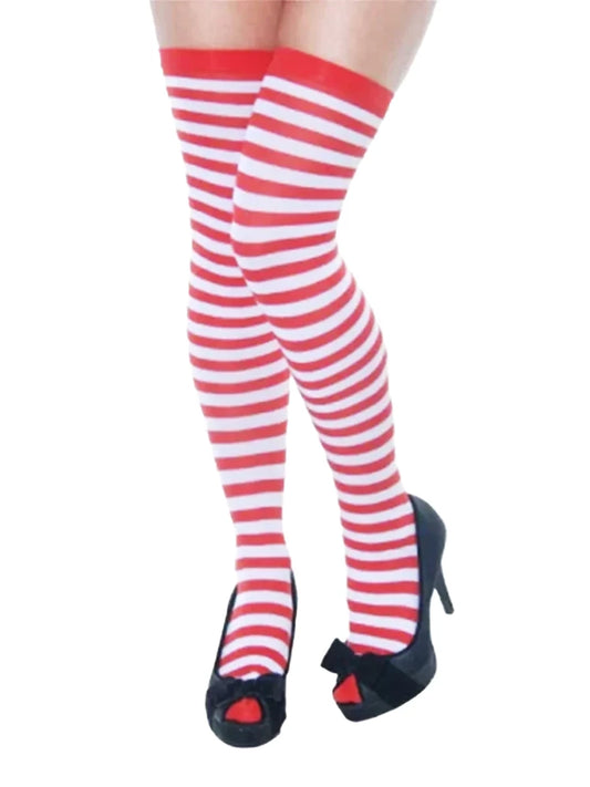 Women Long Striped Thigh High Socks Over Knee Stockings red and white