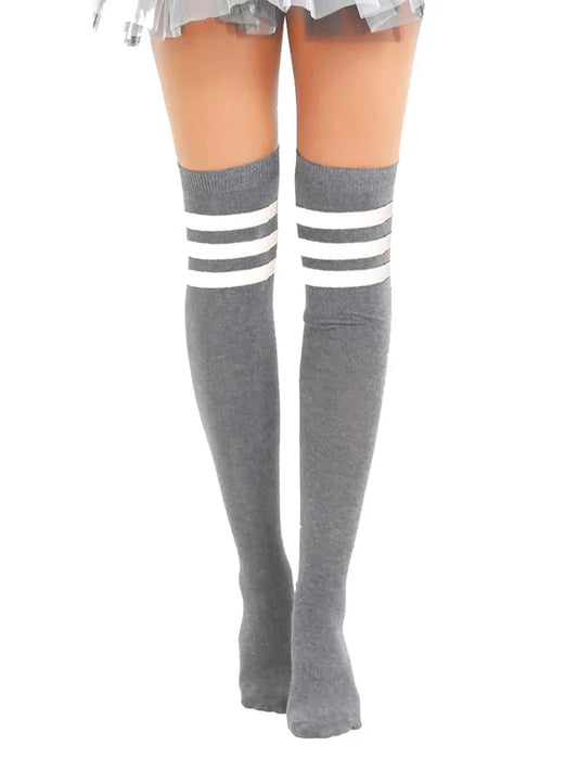 Women's Referee 3 Stripes Cotton Over the Knee Thigh High Socks grey white