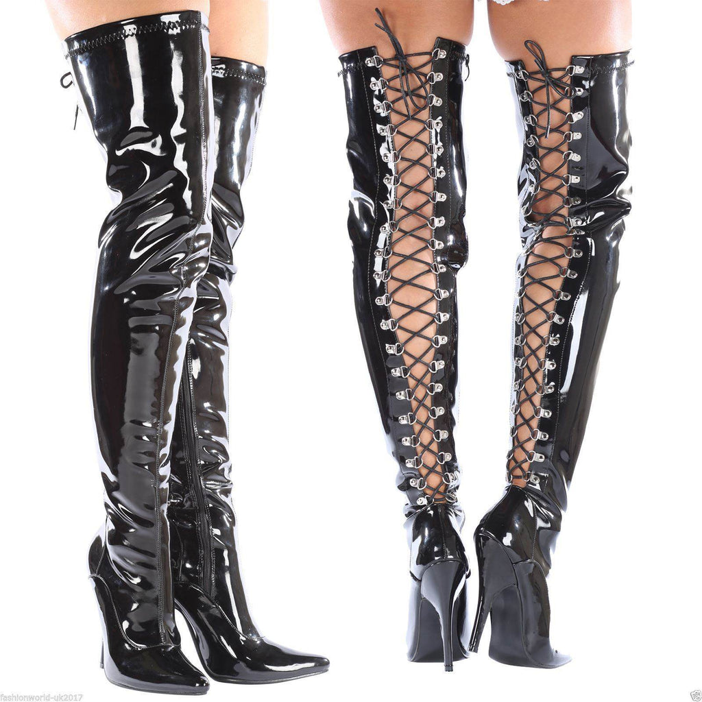 Unisex High Over Knee Boots & Black Lace Stiletto Heel - thefancydress.co.uk