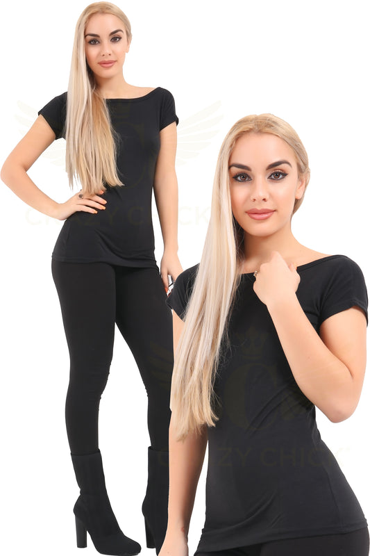 Women's Slash Neck Black Viscose T-Shirt