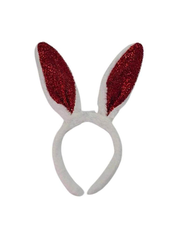 White Bunny Ears Headband with Red Glitter - thefancydress.co.uk
