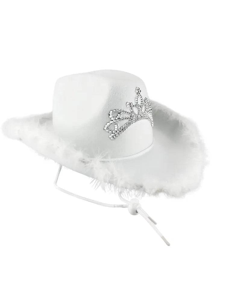 White Cowboy Hat with Fluff Trim - thefancydress.co.uk