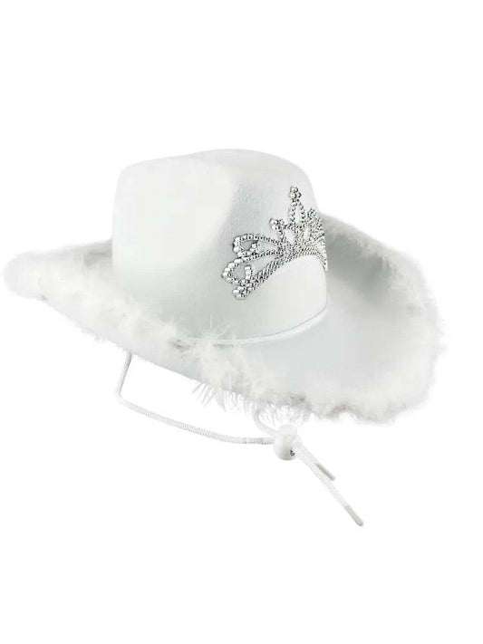 White Cowboy Hat with Fluff Trim - thefancydress.co.uk
