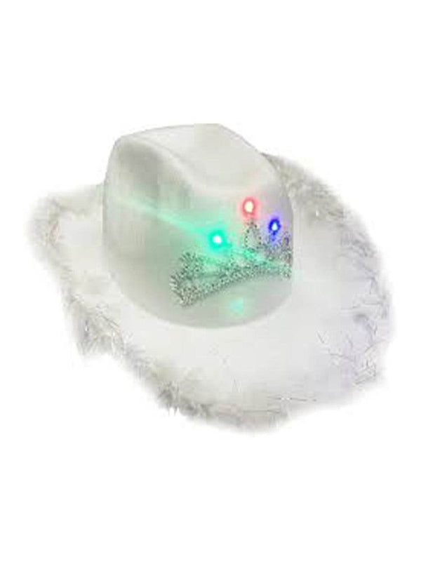 Light Up Tiara White Cowboy Hat with Fluff Trim - thefancydress.co.uk