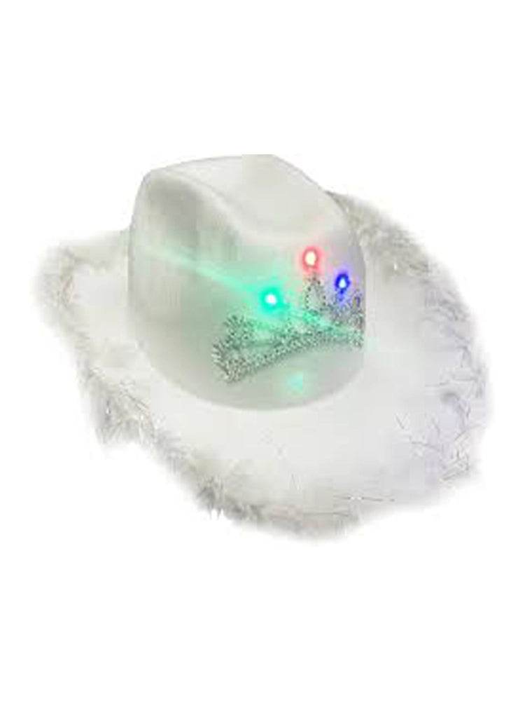 Light Up Tiara White Cowboy Hat with Fluff Trim - thefancydress.co.uk