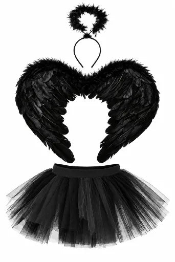 Halloween tutu skirt set shown with wings and a halo